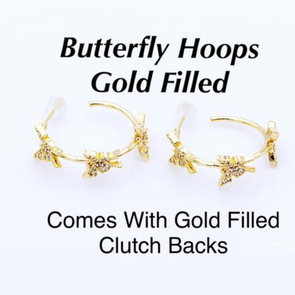 Gold CZ Butterfly 1” Hoops NWT, Gold Filled, Ships in a Gift Box!
